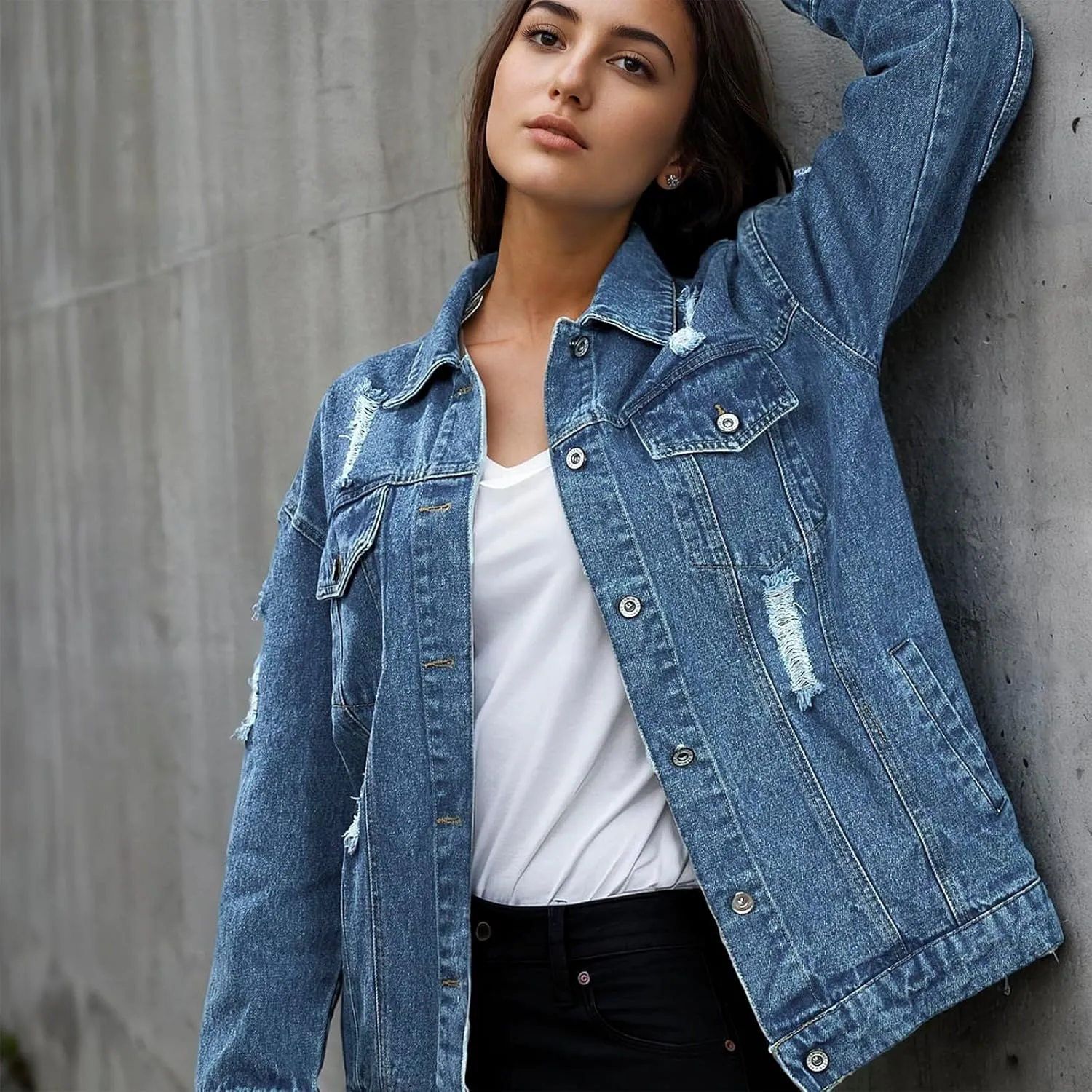 Women's Jean Jacket Denim Distressed Oversized Ripped Long Boyfriend Jacket Fall Soft Shacket Trucker Coat