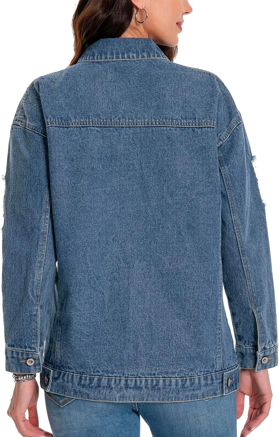 Women's Jean Jacket Denim Distressed Oversized Ripped Long Boyfriend Jacket Fall Soft Shacket Trucker Coat
