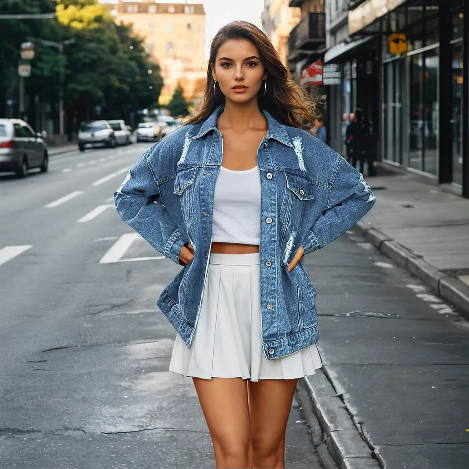 Women's Jean Jacket Denim Distressed Oversized Ripped Long Boyfriend Jacket Fall Soft Shacket Trucker Coat
