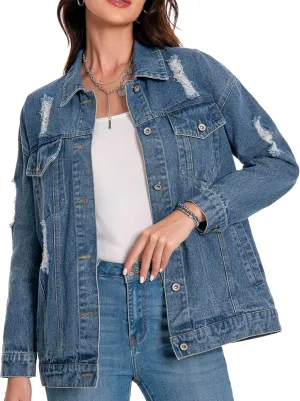 Women's Jean Jacket Denim Distressed Oversized Ripped Long Boyfriend Jacket Fall Soft Shacket Trucker Coat