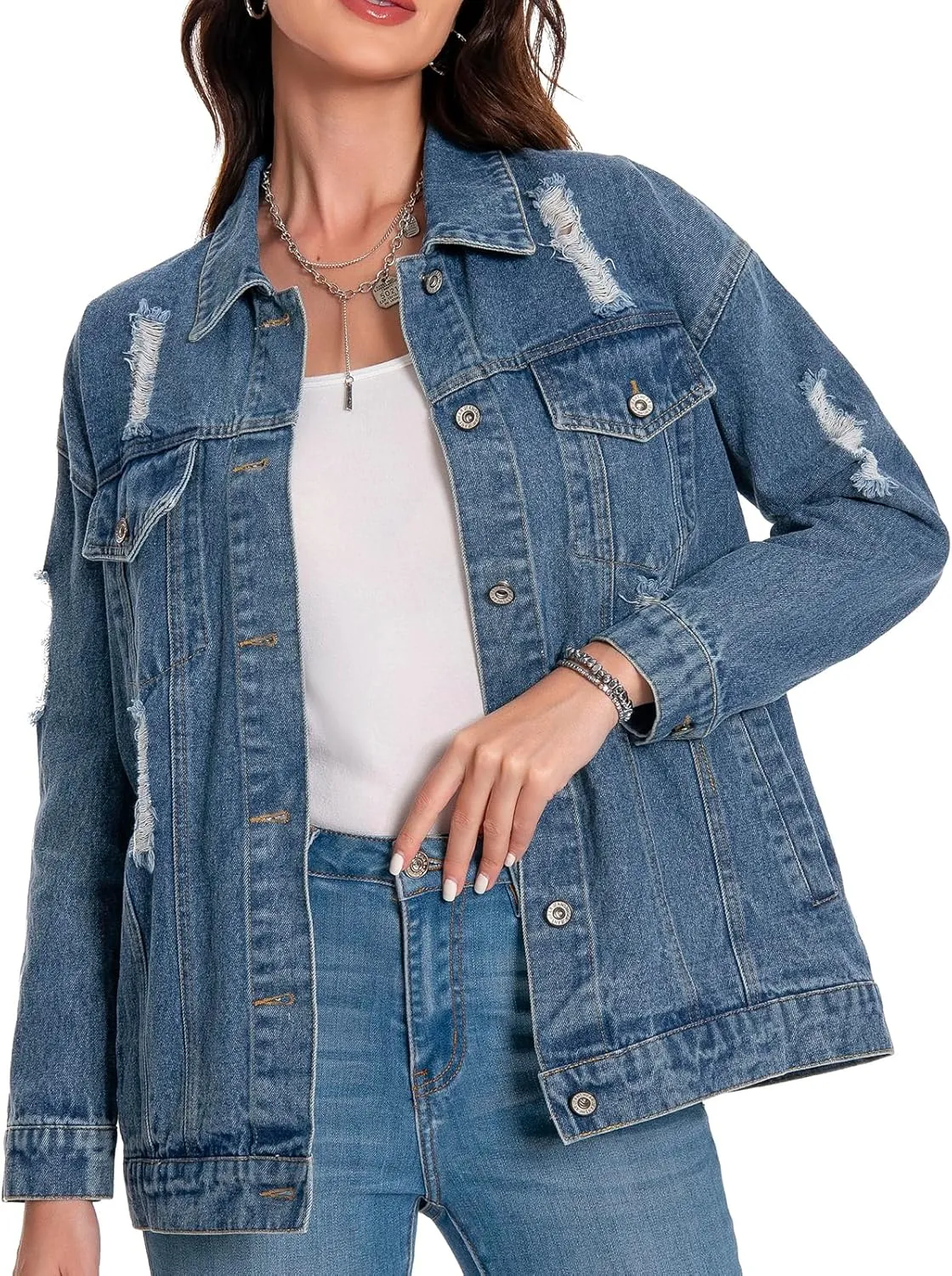 Women's Jean Jacket Denim Distressed Oversized Ripped Long Boyfriend Jacket Fall Soft Shacket Trucker Coat