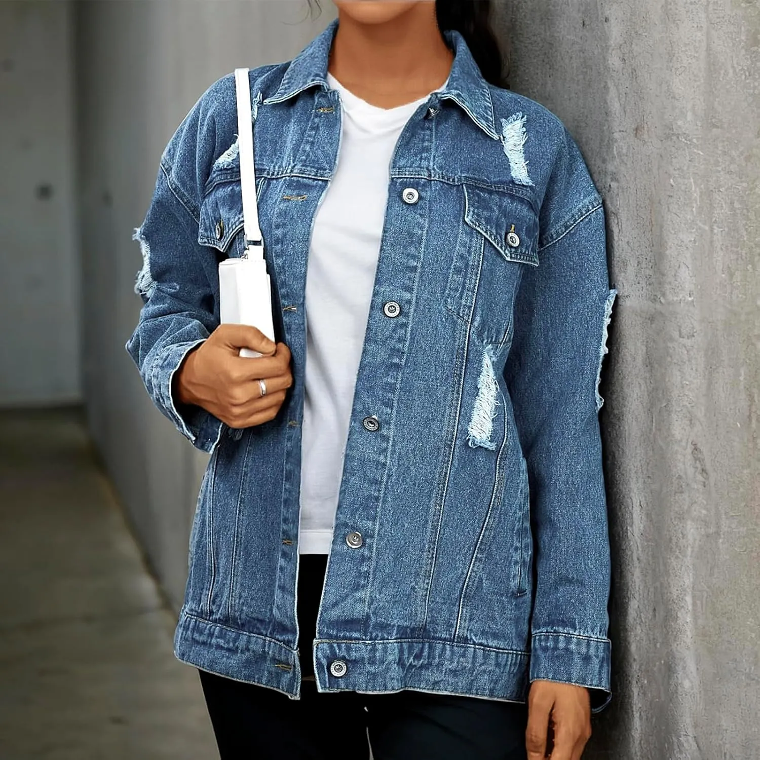 Women's Jean Jacket Denim Distressed Oversized Ripped Long Boyfriend Jacket Fall Soft Shacket Trucker Coat