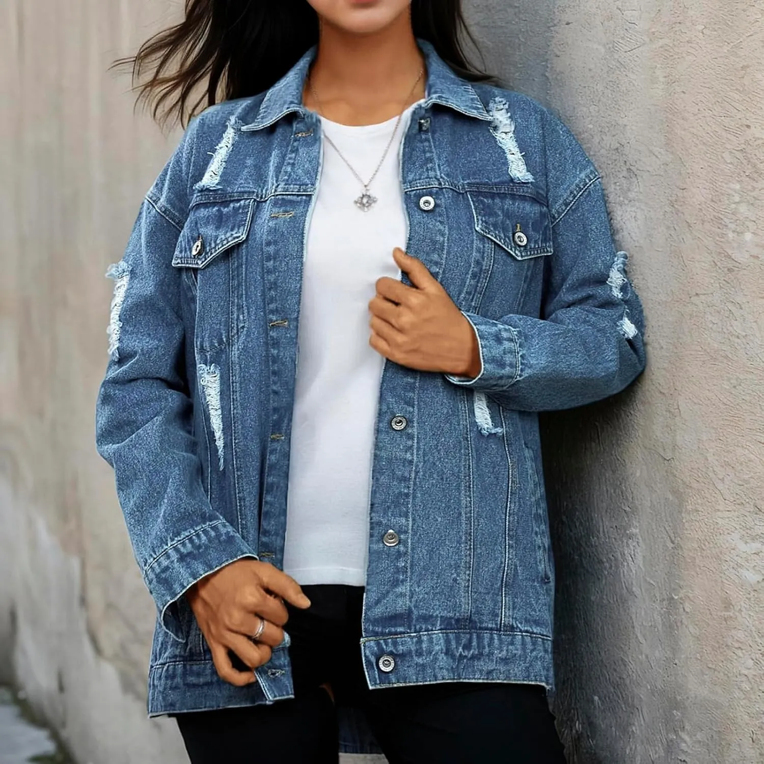Women's Jean Jacket Denim Distressed Oversized Ripped Long Boyfriend Jacket Fall Soft Shacket Trucker Coat