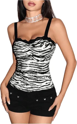 Women's Leopard Print Sweetheart Neck Camisole Tops Lace Trim Slim Fit Tank Top