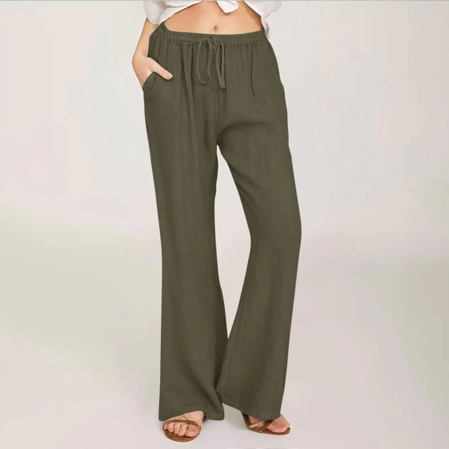 Womens Linen Blend High Waisted Pants Elastic Waist with Drawstring and Pockets,Casual Flared Lounge Trousers