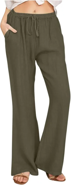 Womens Linen Blend High Waisted Pants Elastic Waist with Drawstring and Pockets,Casual Flared Lounge Trousers