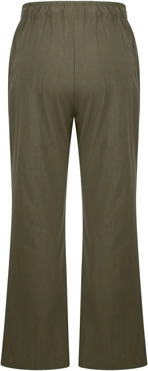 Womens Linen Blend High Waisted Pants Elastic Waist with Drawstring and Pockets,Casual Flared Lounge Trousers