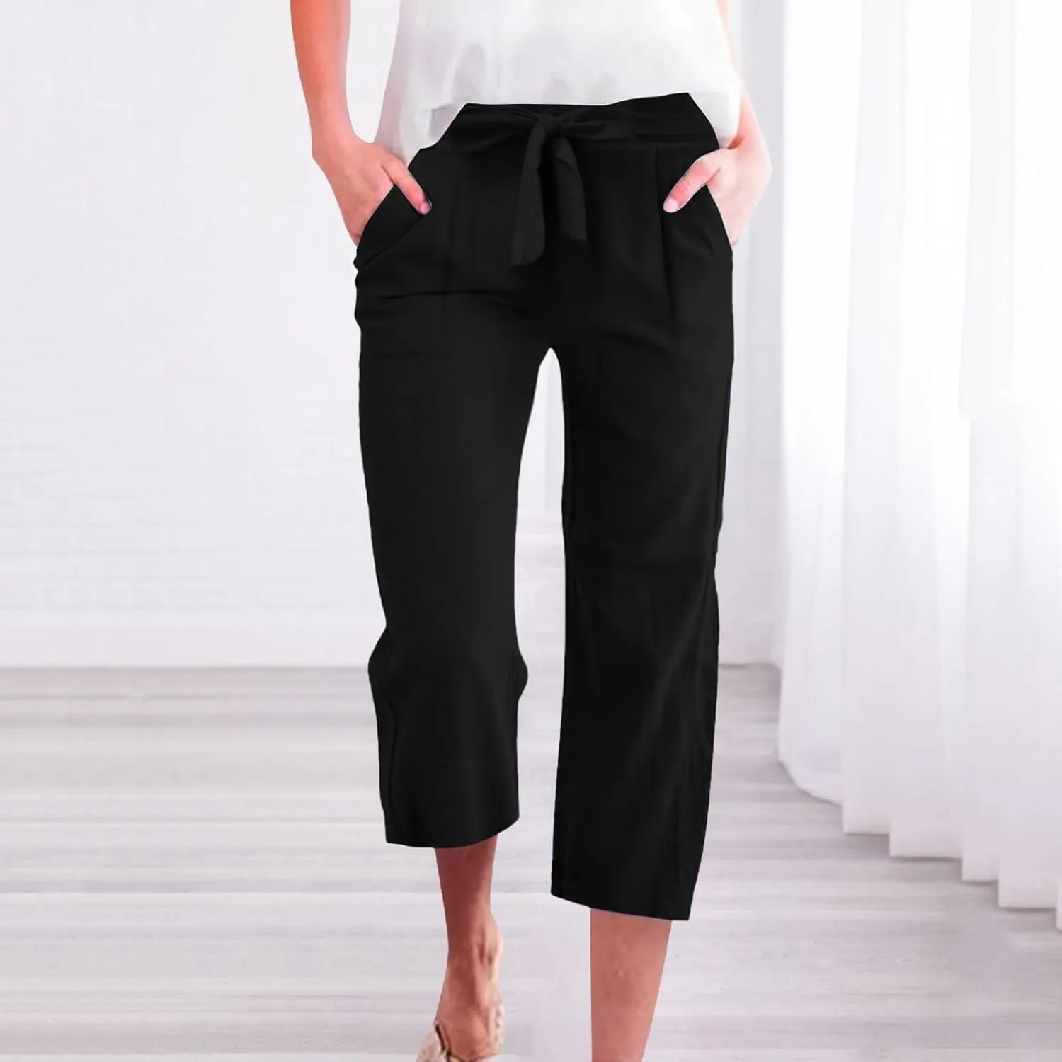 Womens Linen Capri Pants Straight Leg Elastic Waist Drawstring 2025 Summer Casual Lounge Trousers with Pockets