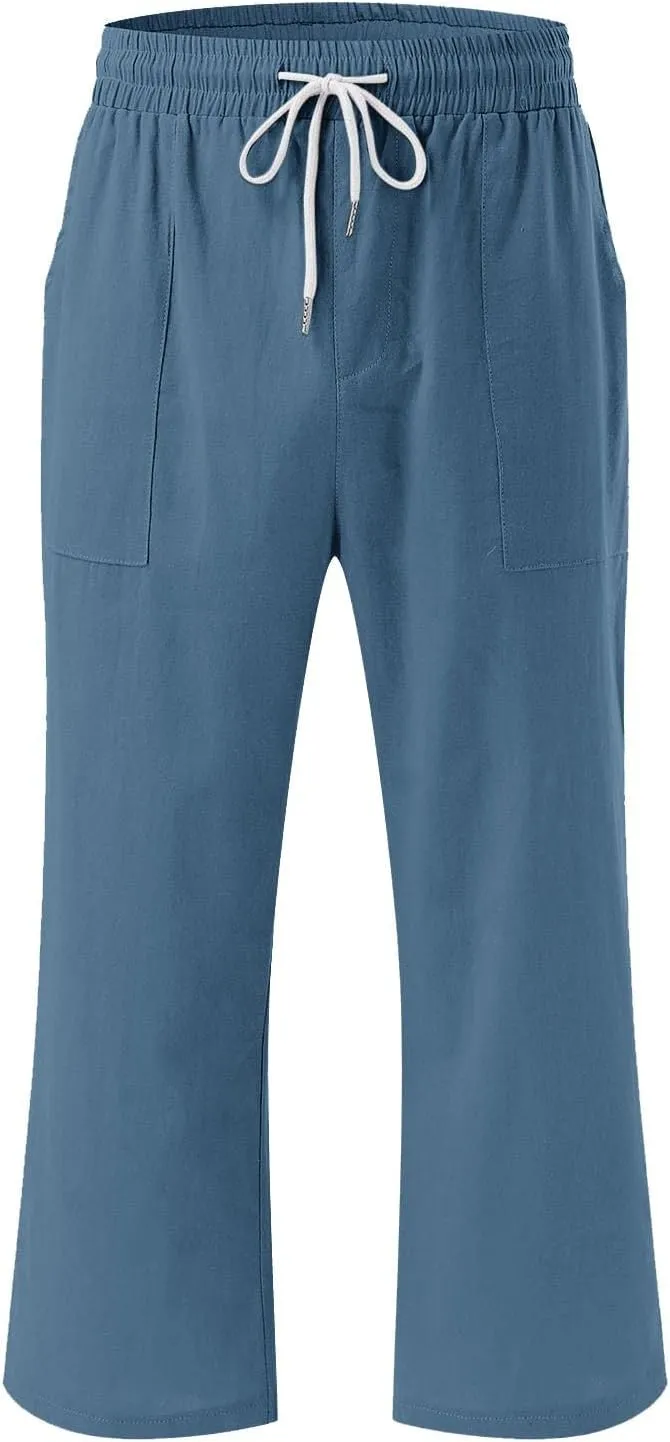 Womens Linen Capris Pants Summer Casual Drawstring Pants High Waisted Comfy Lightweight Loose Trousers with Pockets