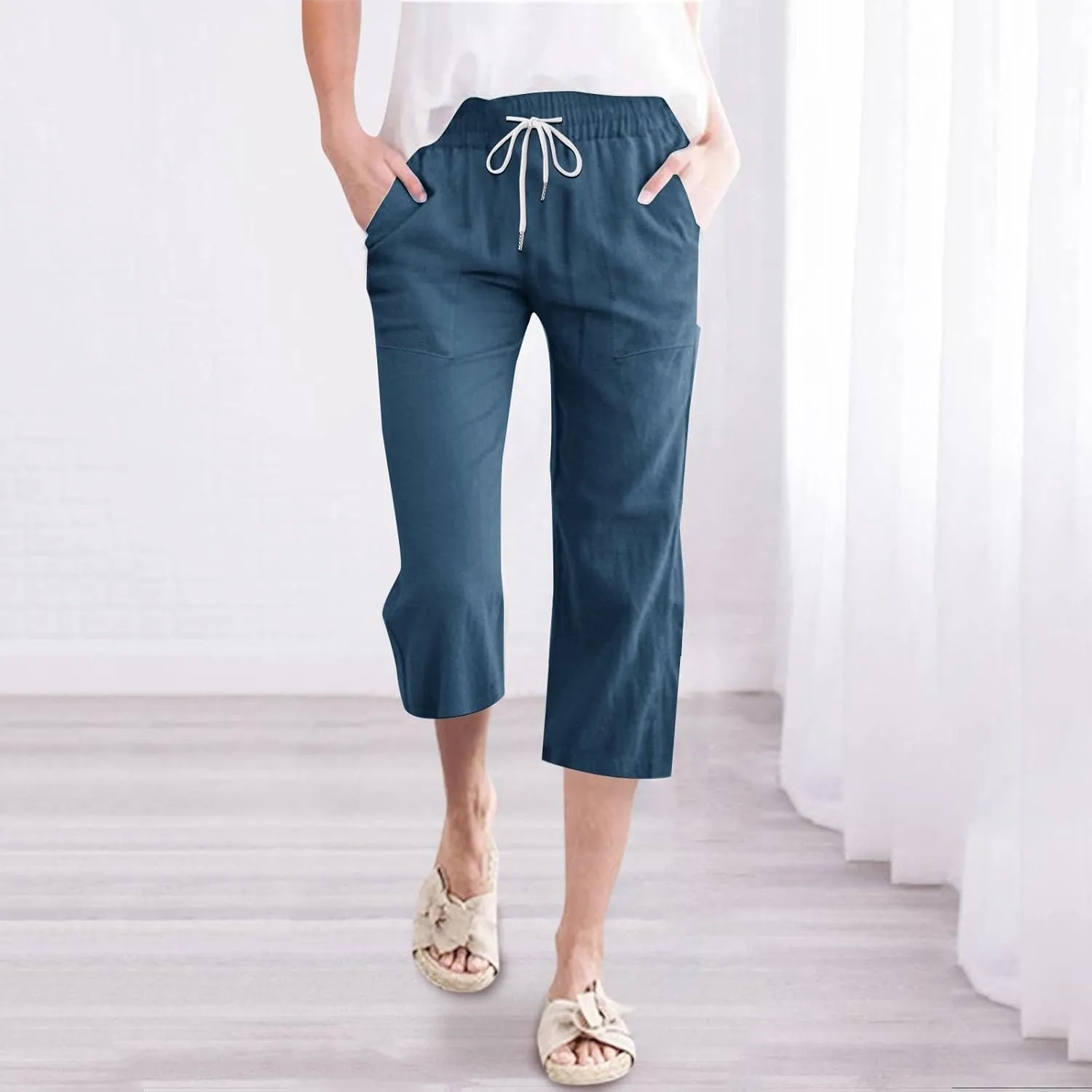Womens Linen Capris Pants Summer Casual Drawstring Pants High Waisted Comfy Lightweight Loose Trousers with Pockets