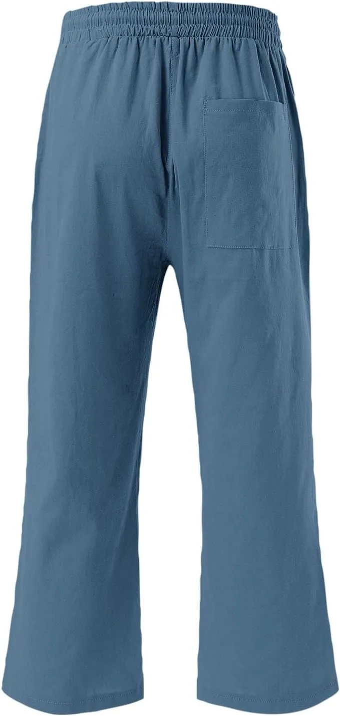 Womens Linen Capris Pants Summer Casual Drawstring Pants High Waisted Comfy Lightweight Loose Trousers with Pockets