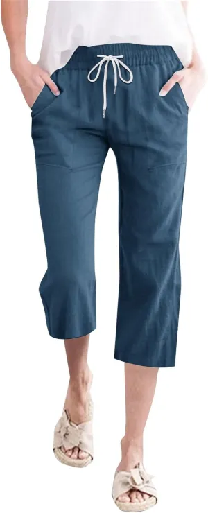 Womens Linen Capris Pants Summer Casual Drawstring Pants High Waisted Comfy Lightweight Loose Trousers with Pockets