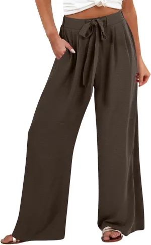 Women's Linen Palazzo Pants High Waist Wide Leg Flowy Pants Summer Beach Vacation Clothes Casual Loose Fit Outfits