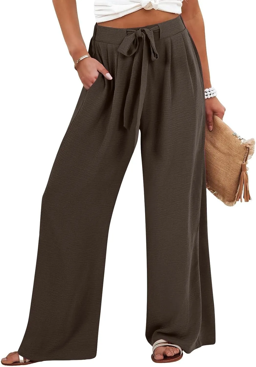 Women's Linen Palazzo Pants High Waist Wide Leg Flowy Pants Summer Beach Vacation Clothes Casual Loose Fit Outfits