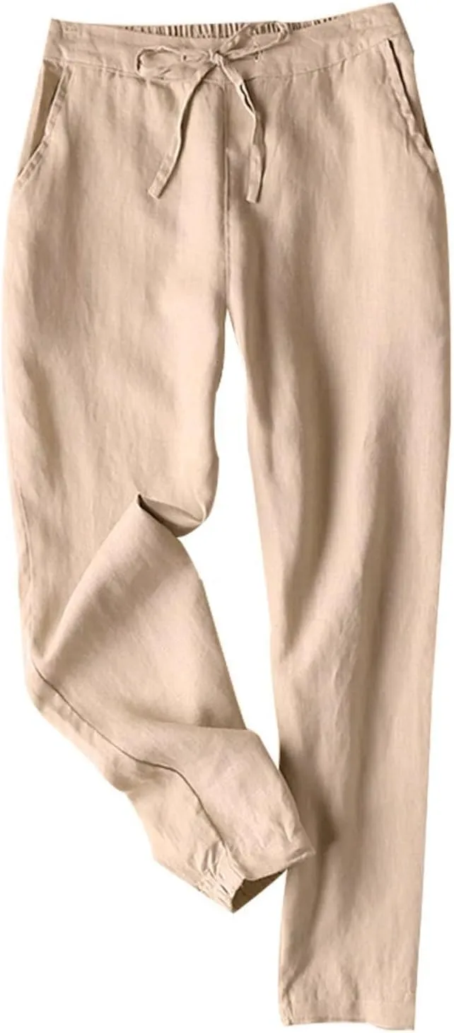 Womens Linen Pants 2025 Summer Casual Straight Dress High Elastic Waist Long Pants Casual Lounge Trousers Outfits