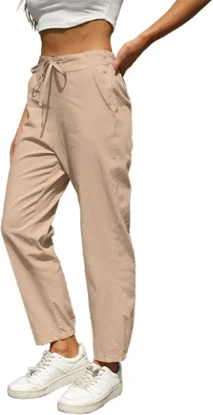 Womens Linen Pants 2025 Summer Casual Straight Dress High Elastic Waist Long Pants Casual Lounge Trousers Outfits