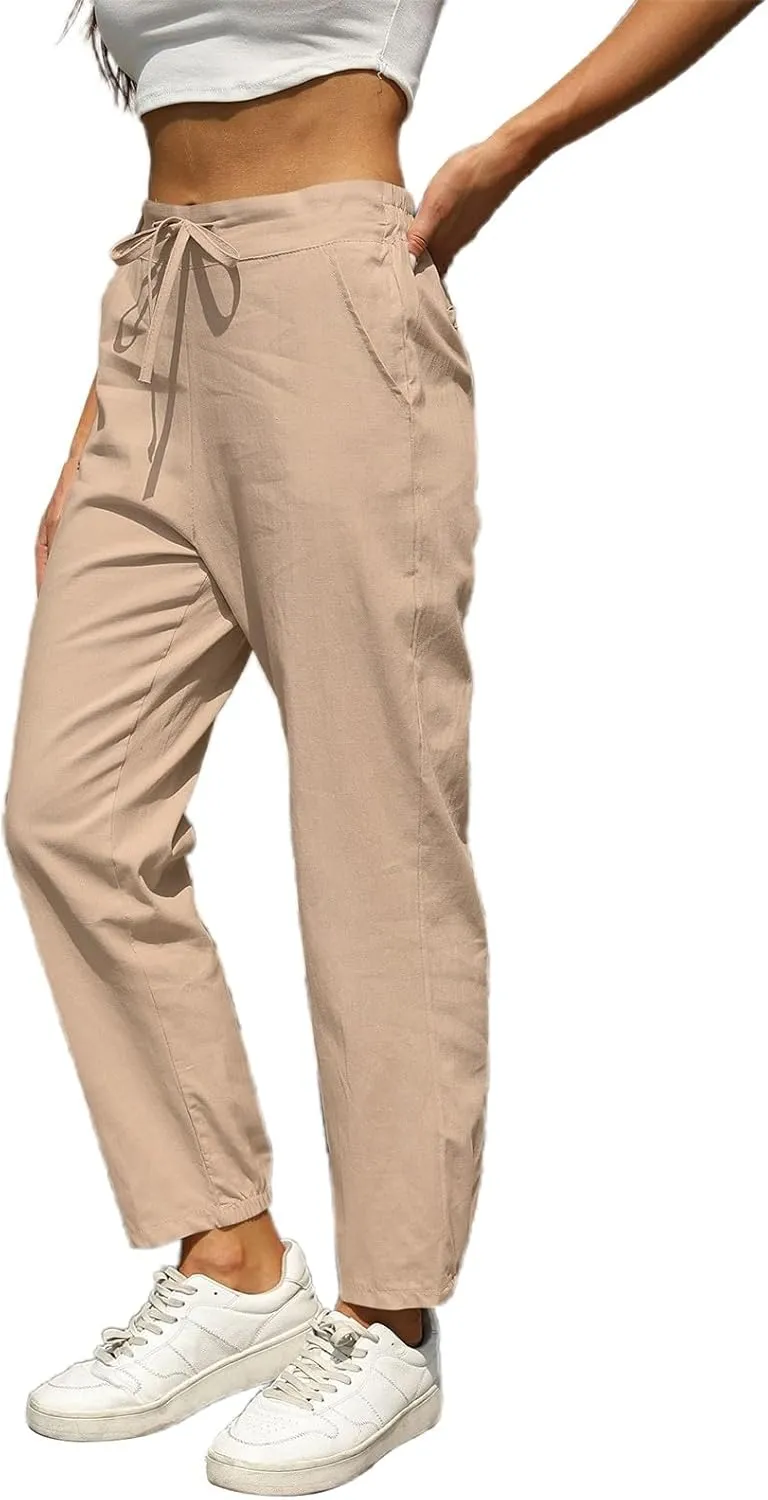 Womens Linen Pants 2025 Summer Casual Straight Dress High Elastic Waist Long Pants Casual Lounge Trousers Outfits