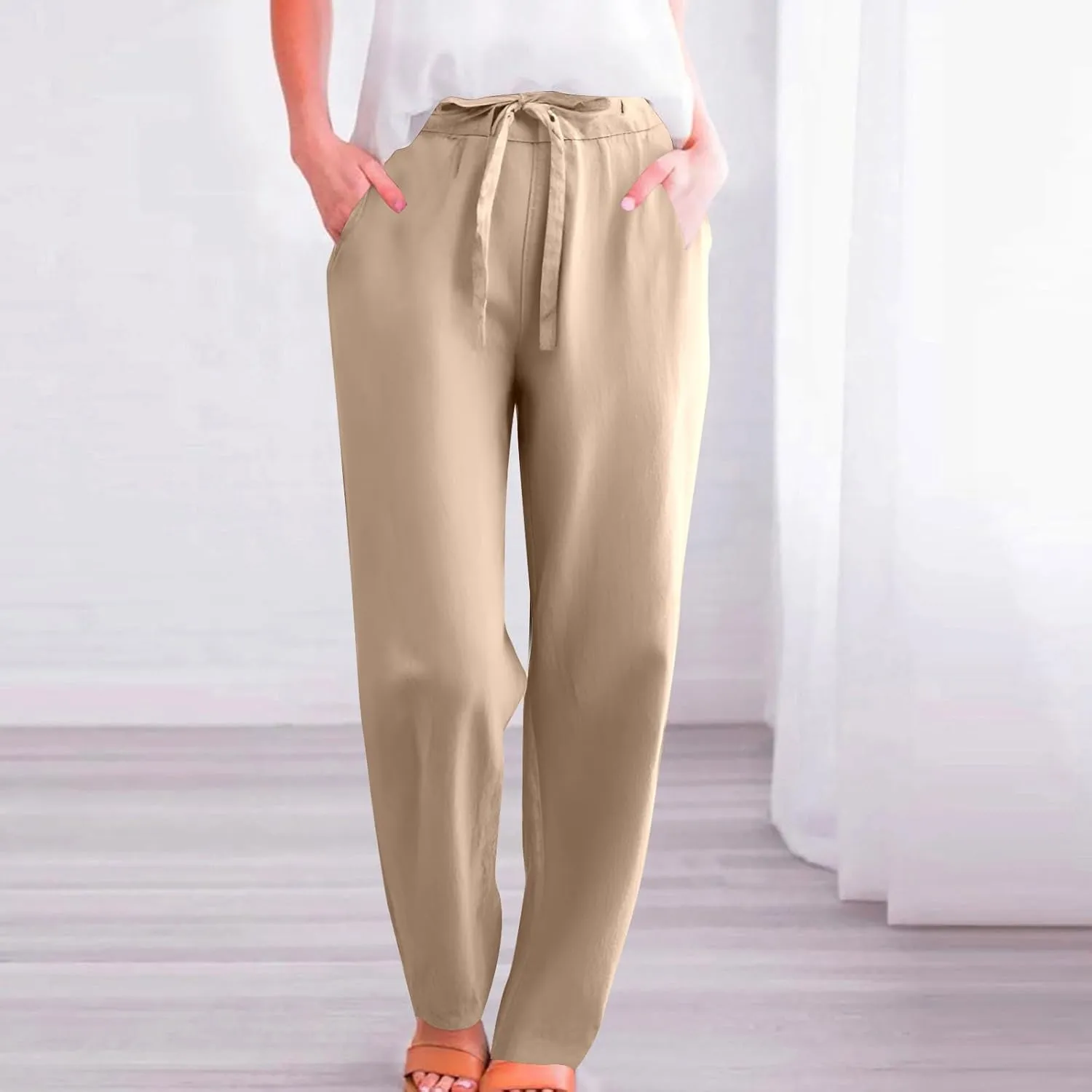 Womens Linen Pants 2025 Summer Casual Straight Dress High Elastic Waist Long Pants Casual Lounge Trousers Outfits