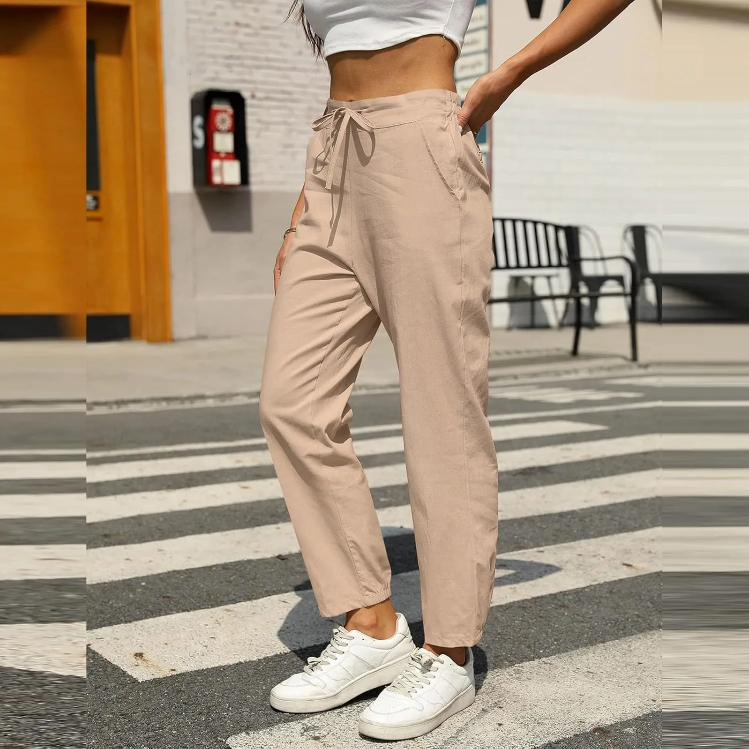 Womens Linen Pants 2025 Summer Casual Straight Dress High Elastic Waist Long Pants Casual Lounge Trousers Outfits
