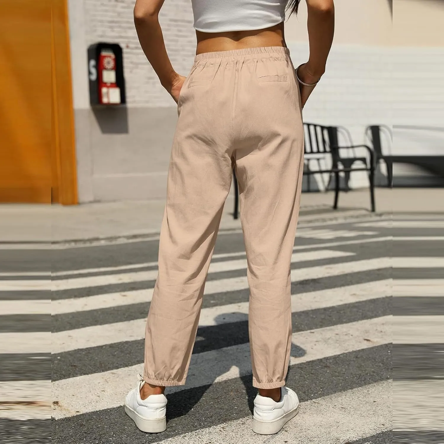 Womens Linen Pants 2025 Summer Casual Straight Dress High Elastic Waist Long Pants Casual Lounge Trousers Outfits