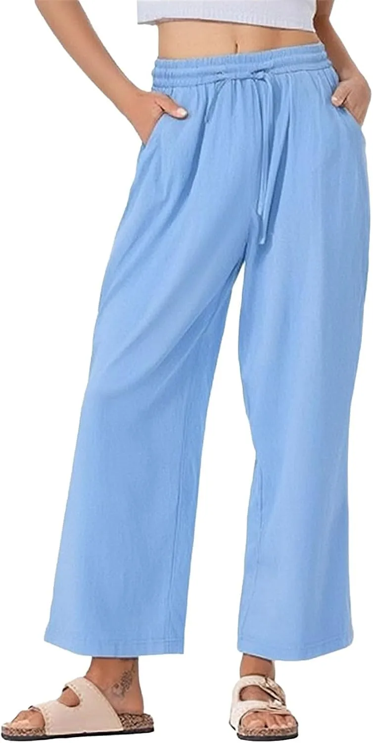 Womens Linen Pants 2025 Summer High Waisted Wide Leg Casual Loose Palazzo Pants Lounge Beach Trousers with Pockets
