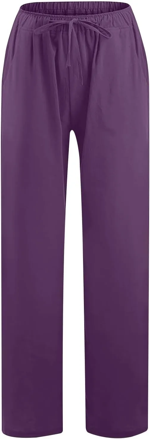 Womens Linen Pants Casual Wide Leg Drawstring Boho Pant High Waisted Summer Beach Trousers Loose Fit Lounge Palazzo