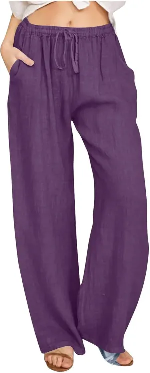 Womens Linen Pants Casual Wide Leg Drawstring Boho Pant High Waisted Summer Beach Trousers Loose Fit Lounge Palazzo