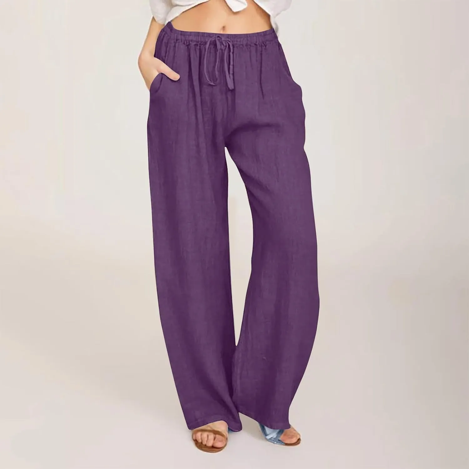 Womens Linen Pants Casual Wide Leg Drawstring Boho Pant High Waisted Summer Beach Trousers Loose Fit Lounge Palazzo