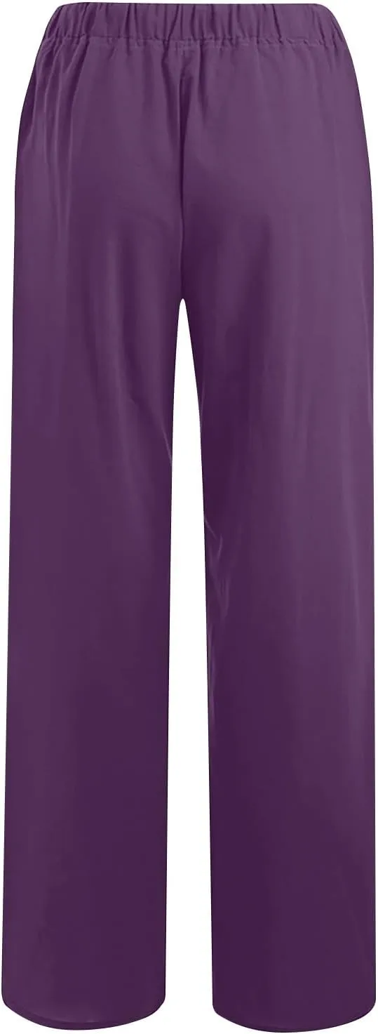 Womens Linen Pants Casual Wide Leg Drawstring Boho Pant High Waisted Summer Beach Trousers Loose Fit Lounge Palazzo