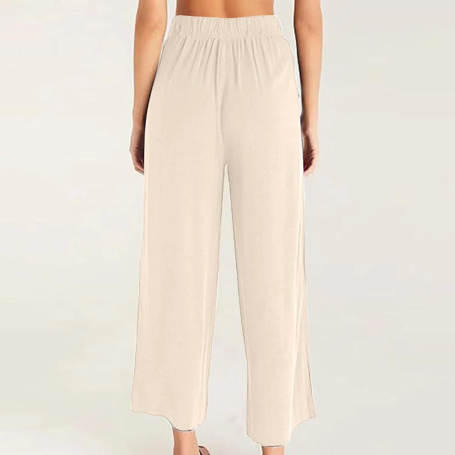 Women's Linen Pants Wide Leg Casual Summer Palazzo Pants Elastic Waist Dressy Lounge Work Trousers with Pockets
