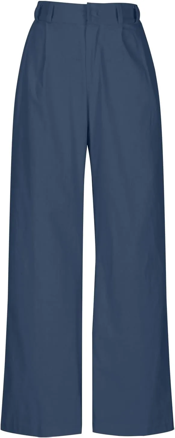 Women's Linen Pants Wide Leg Casual Summer Palazzo Pants Elastic Waist Dressy Lounge Work Trousers with Pockets