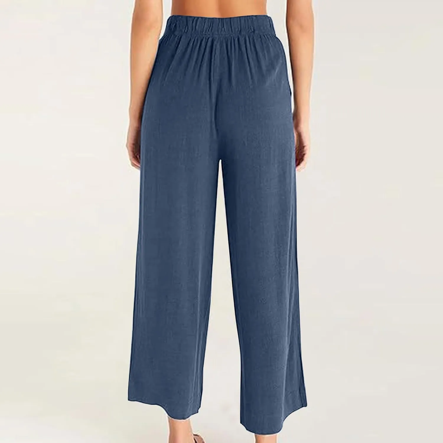 Women's Linen Pants Wide Leg Casual Summer Palazzo Pants Elastic Waist Dressy Lounge Work Trousers with Pockets