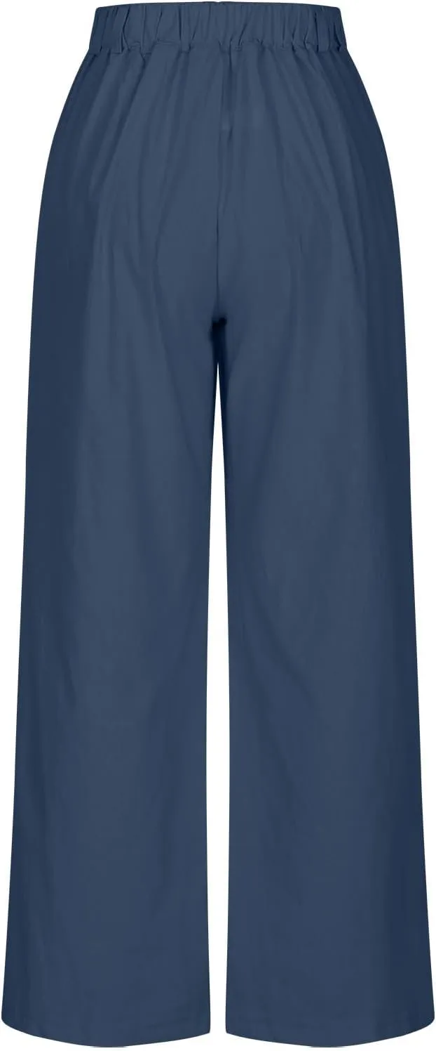 Women's Linen Pants Wide Leg Casual Summer Palazzo Pants Elastic Waist Dressy Lounge Work Trousers with Pockets
