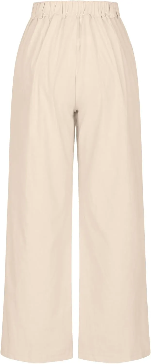 Women's Linen Pants Wide Leg Casual Summer Palazzo Pants Elastic Waist Dressy Lounge Work Trousers with Pockets