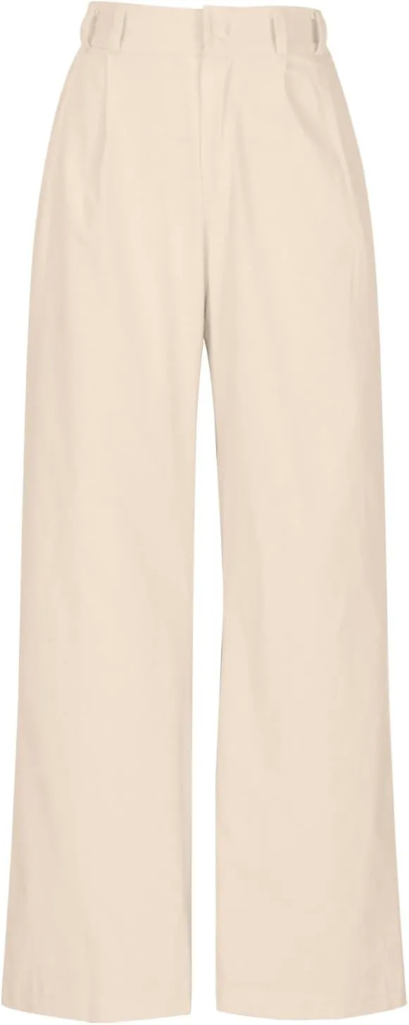 Women's Linen Pants Wide Leg Casual Summer Palazzo Pants Elastic Waist Dressy Lounge Work Trousers with Pockets