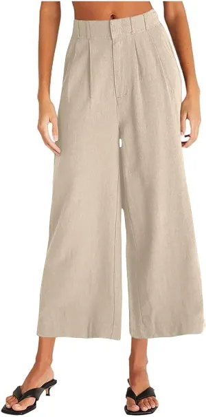Women's Linen Pants Wide Leg Casual Summer Palazzo Pants Elastic Waist Dressy Lounge Work Trousers with Pockets