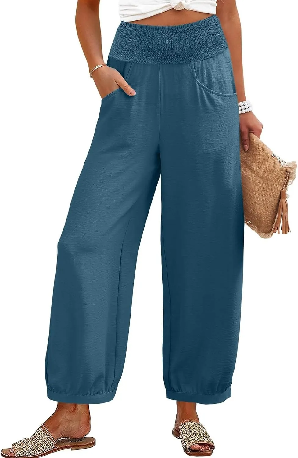 Womens Linen Pants Wide Leg High Waisted Summer Pants Dressy Casual Baggy Palazzo Beach Vacation Trousers with Pockets