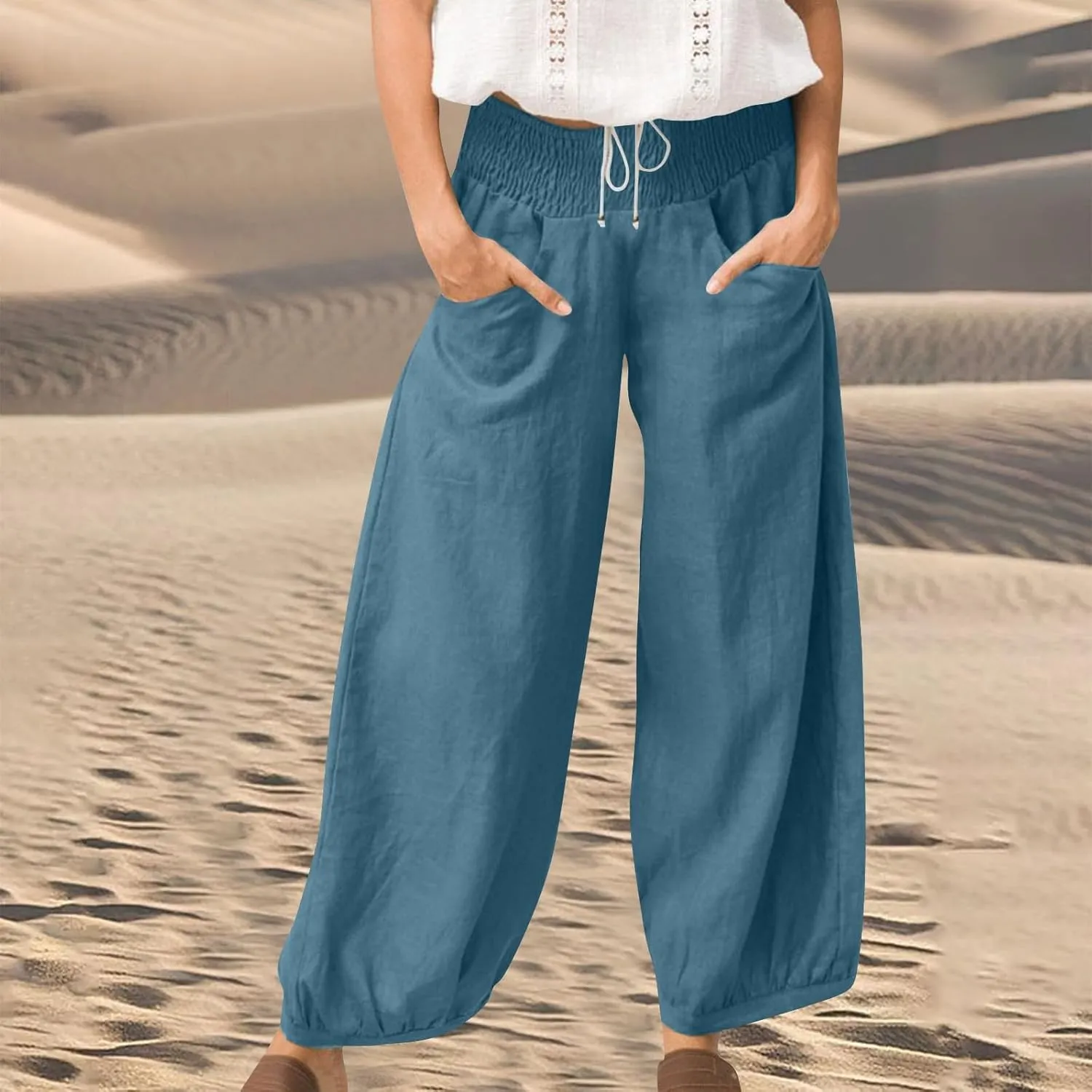 Womens Linen Pants Wide Leg High Waisted Summer Pants Dressy Casual Baggy Palazzo Beach Vacation Trousers with Pockets