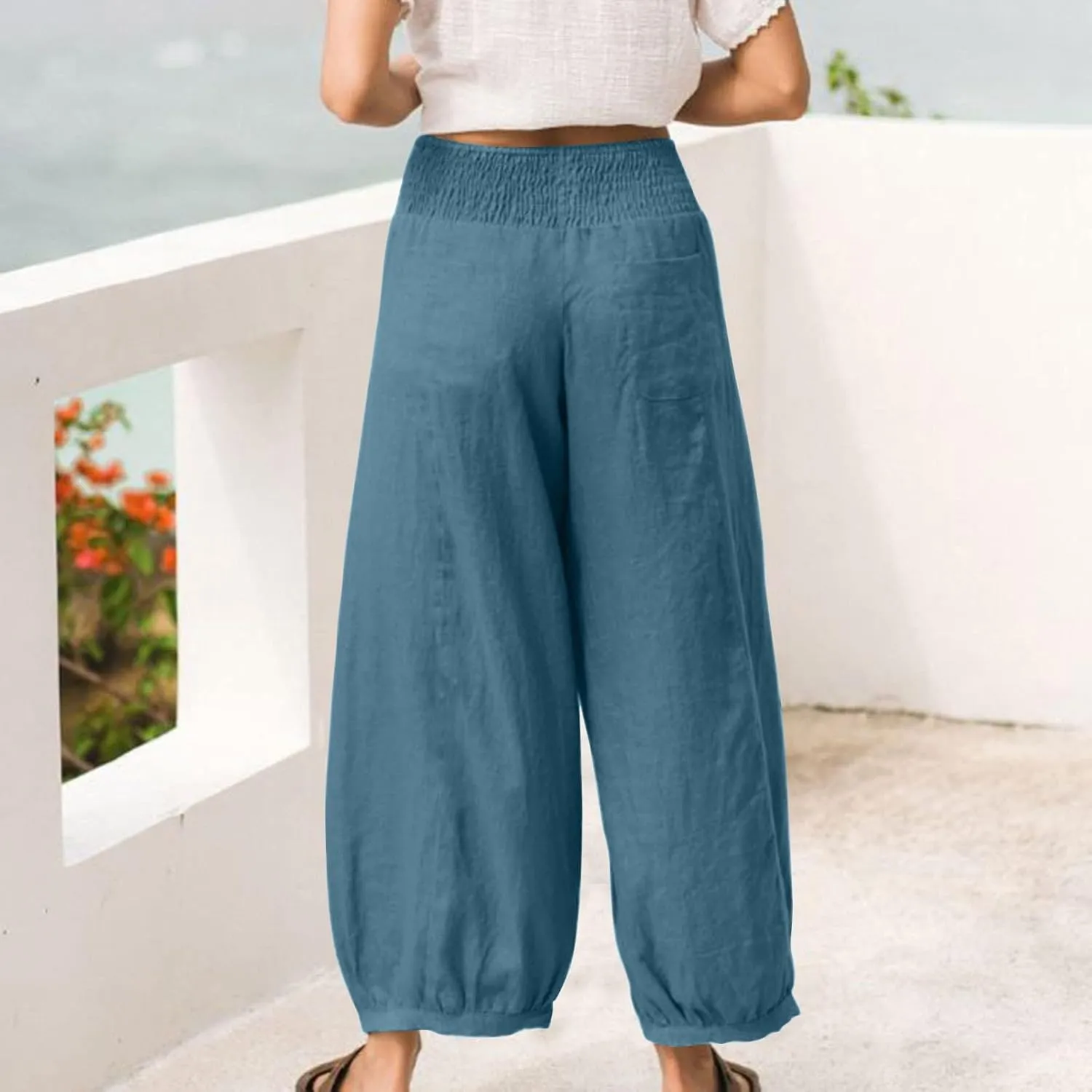 Womens Linen Pants Wide Leg High Waisted Summer Pants Dressy Casual Baggy Palazzo Beach Vacation Trousers with Pockets