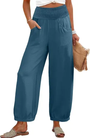Womens Linen Pants Wide Leg High Waisted Summer Pants Dressy Casual Baggy Palazzo Beach Vacation Trousers with Pockets