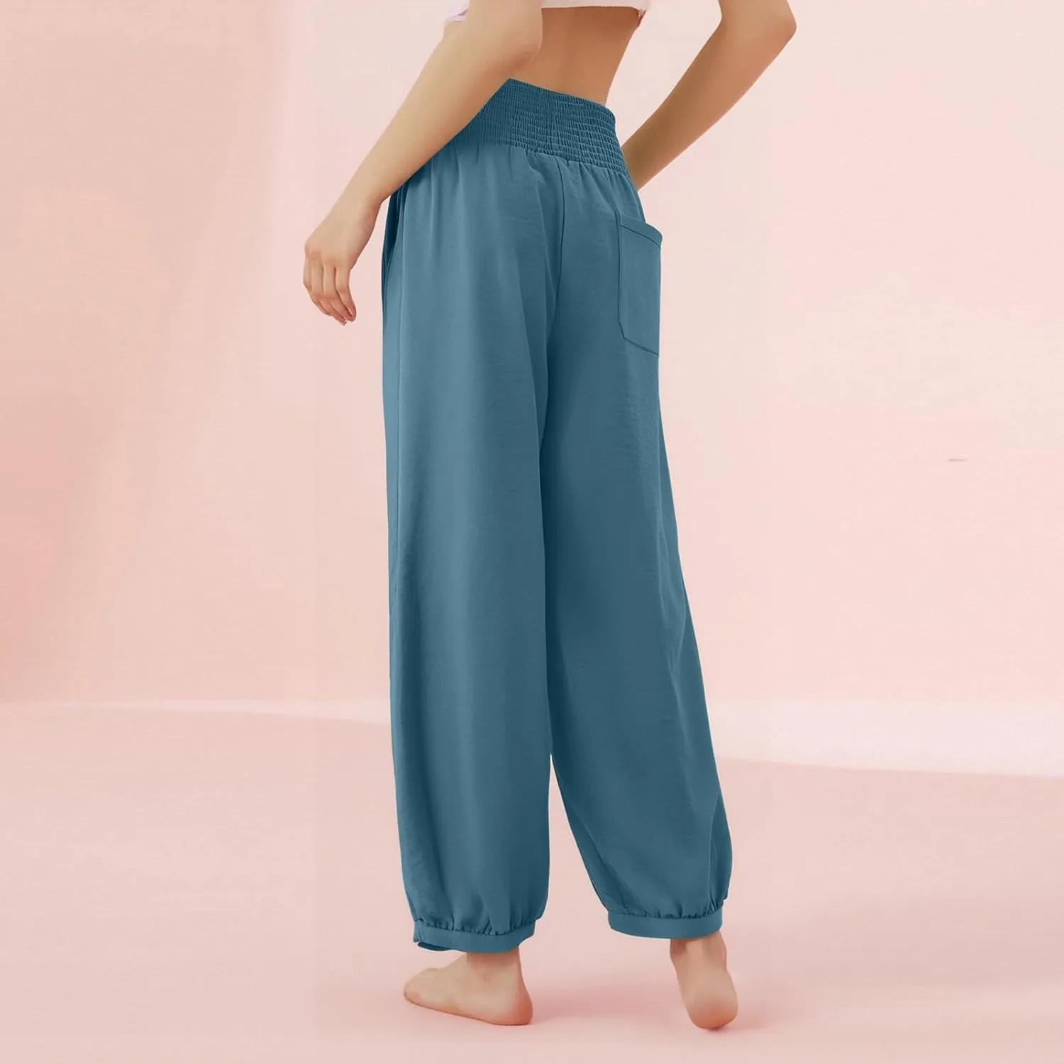 Womens Linen Pants Wide Leg High Waisted Summer Pants Dressy Casual Baggy Palazzo Beach Vacation Trousers with Pockets