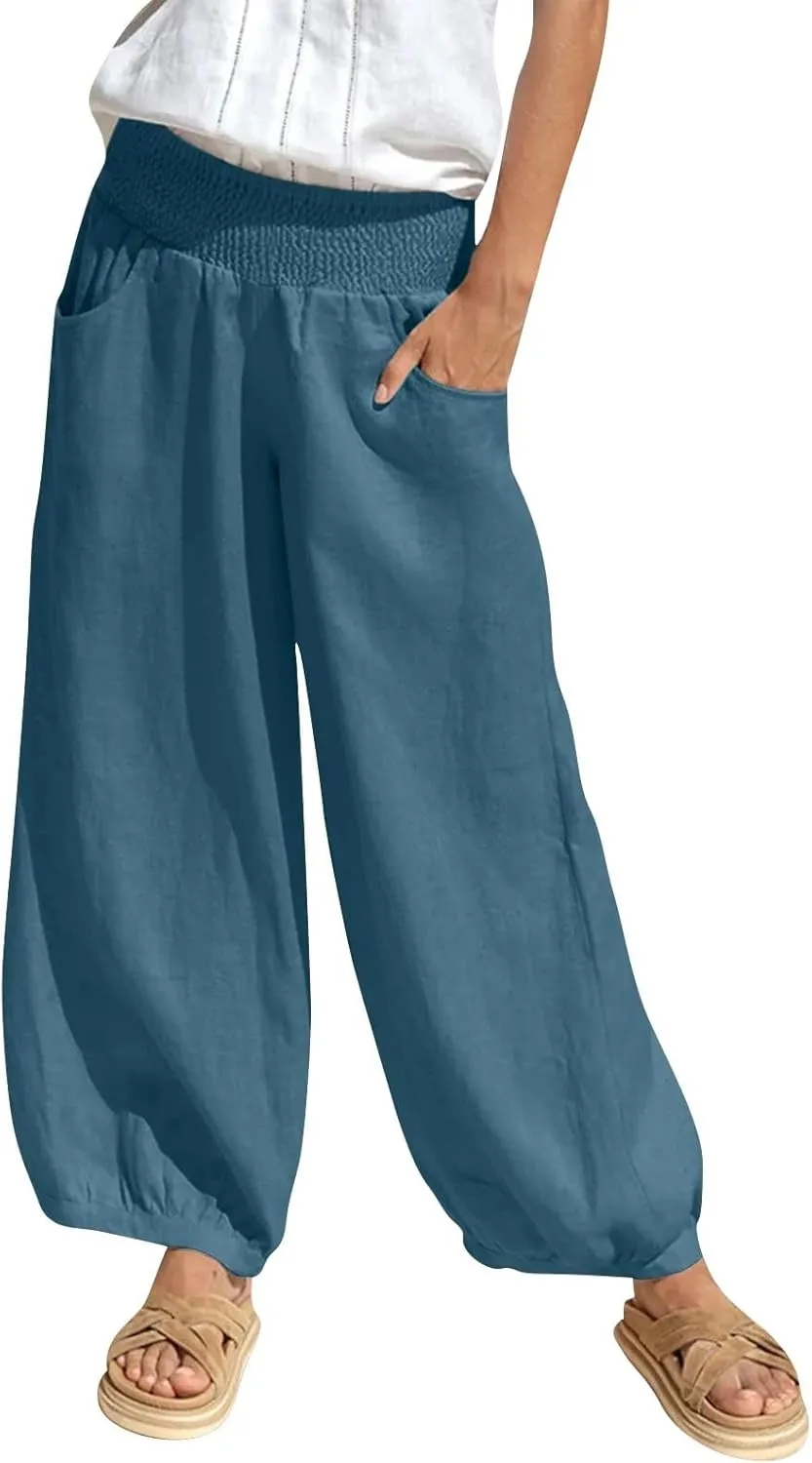 Womens Linen Pants Wide Leg High Waisted Summer Pants Dressy Casual Baggy Palazzo Beach Vacation Trousers with Pockets