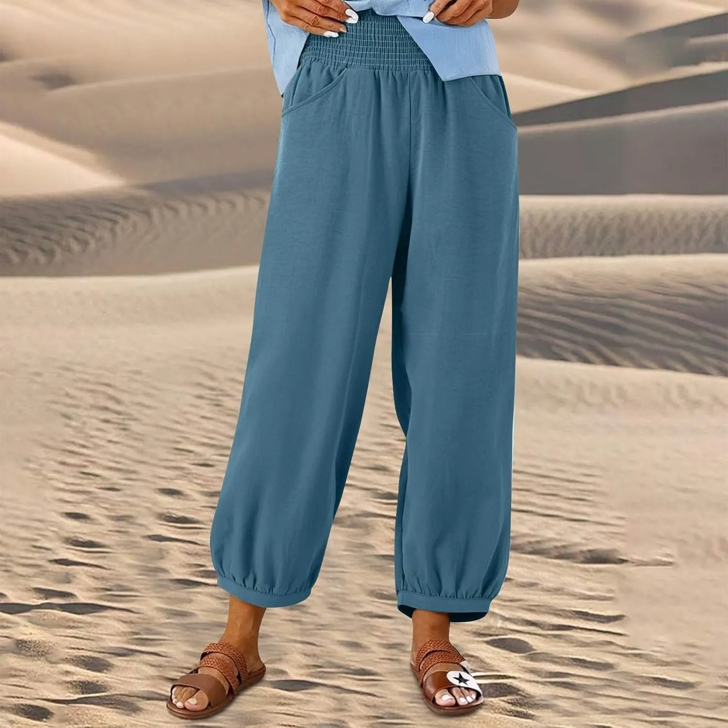 Womens Linen Pants Wide Leg High Waisted Summer Pants Dressy Casual Baggy Palazzo Beach Vacation Trousers with Pockets