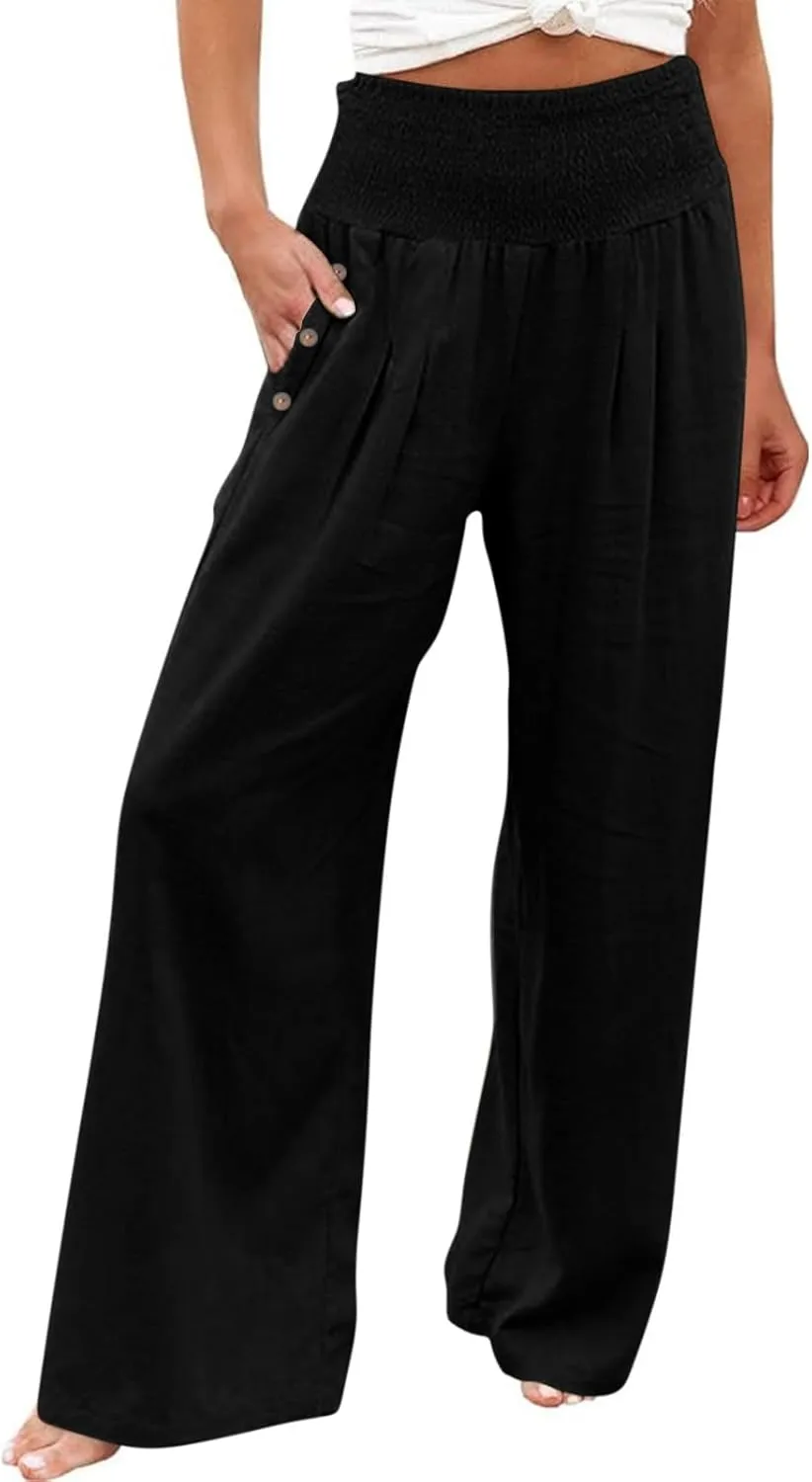 Women's Linen Summer Pants Loose Wide Leg Pants Elastic High Waist Pants Fashion Solid Color Trousers with Pockets