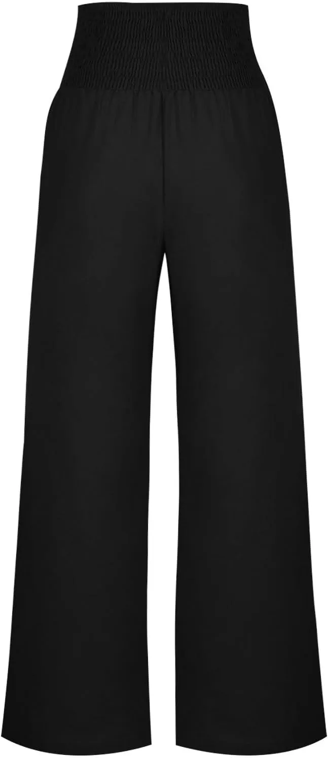 Women's Linen Summer Pants Loose Wide Leg Pants Elastic High Waist Pants Fashion Solid Color Trousers with Pockets