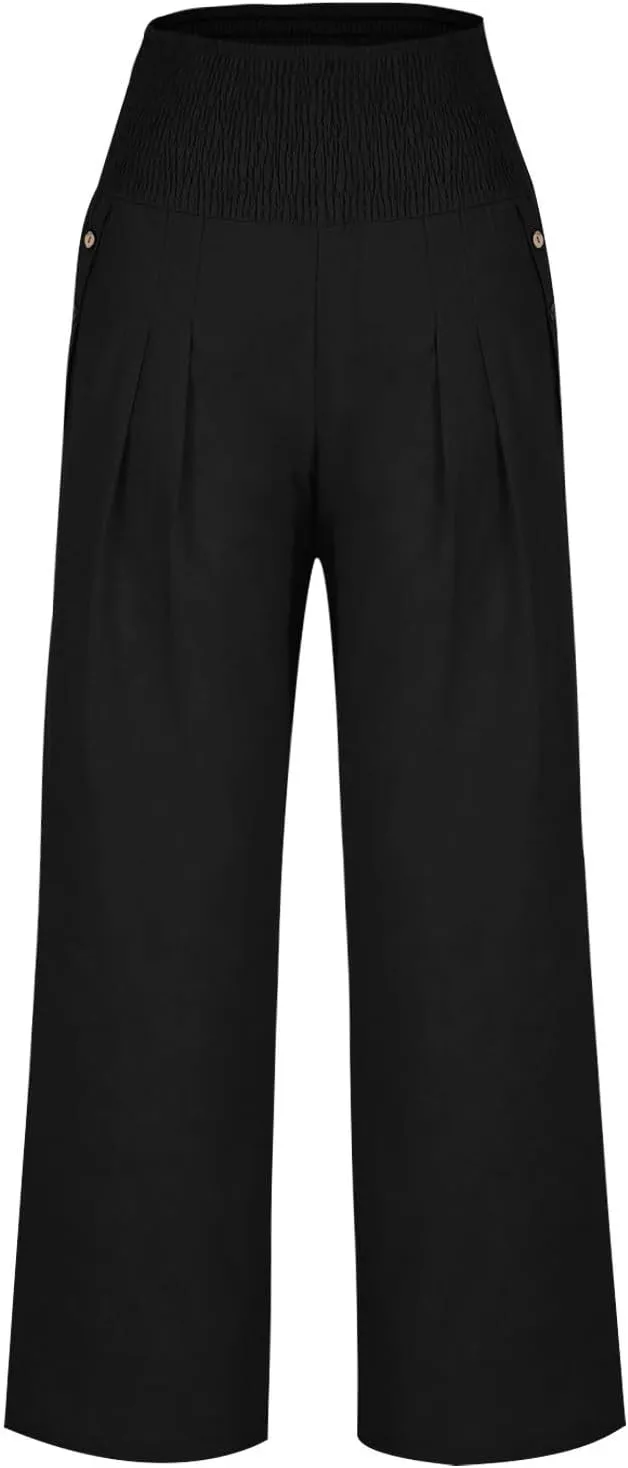Women's Linen Summer Pants Loose Wide Leg Pants Elastic High Waist Pants Fashion Solid Color Trousers with Pockets