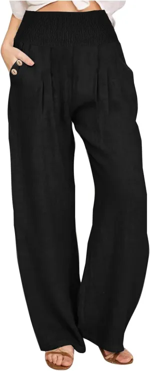 Women's Linen Summer Pants Loose Wide Leg Pants Elastic High Waist Pants Fashion Solid Color Trousers with Pockets