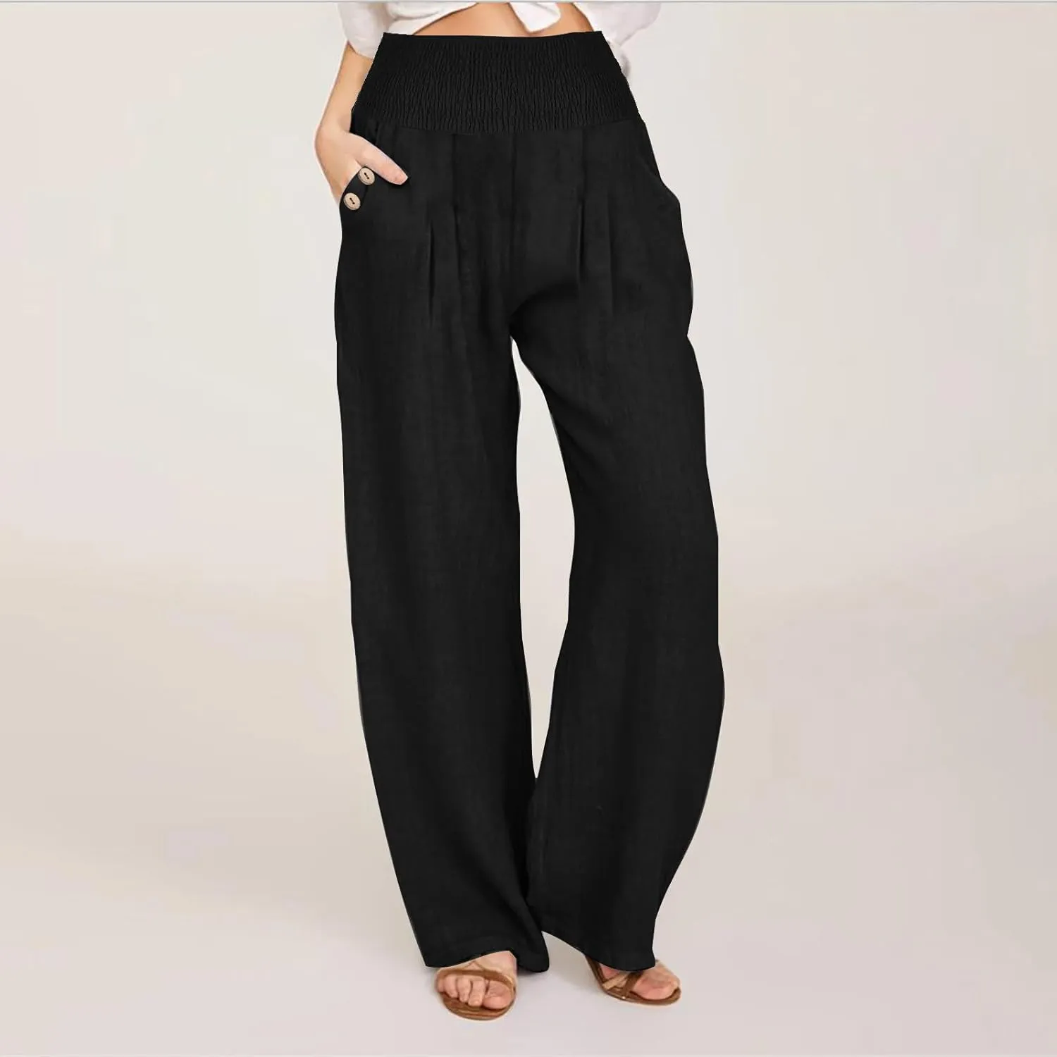 Women's Linen Summer Pants Loose Wide Leg Pants Elastic High Waist Pants Fashion Solid Color Trousers with Pockets