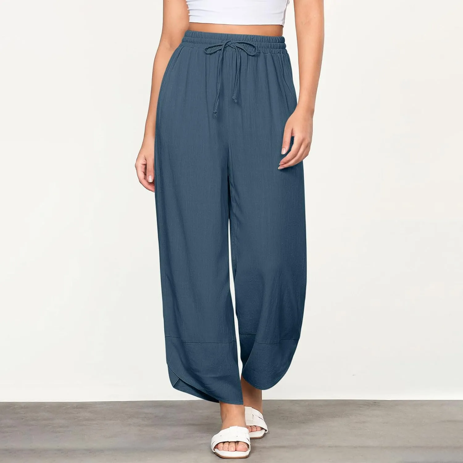 Women's Linen Wide Leg Pants High Waisted Loose Beach Palazzo Pants Summer Drawstring Cropped Trouser with Pockets