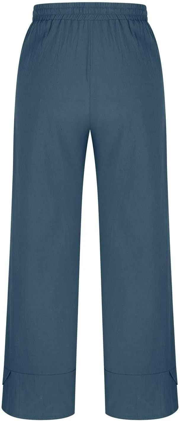 Women's Linen Wide Leg Pants High Waisted Loose Beach Palazzo Pants Summer Drawstring Cropped Trouser with Pockets